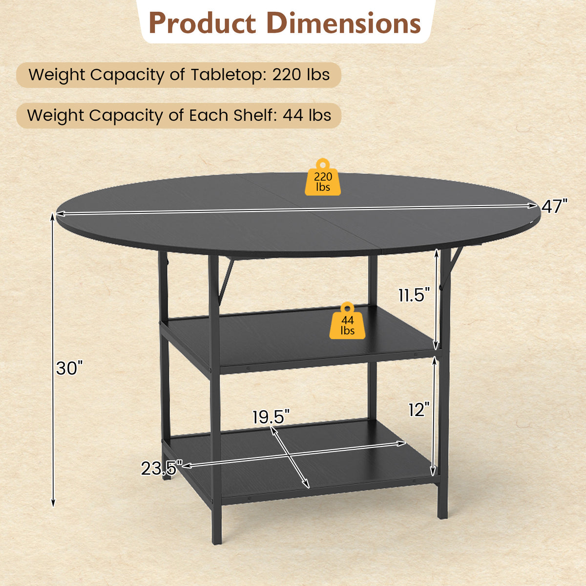 47 Inch Round Dining Table with Storage - Black
