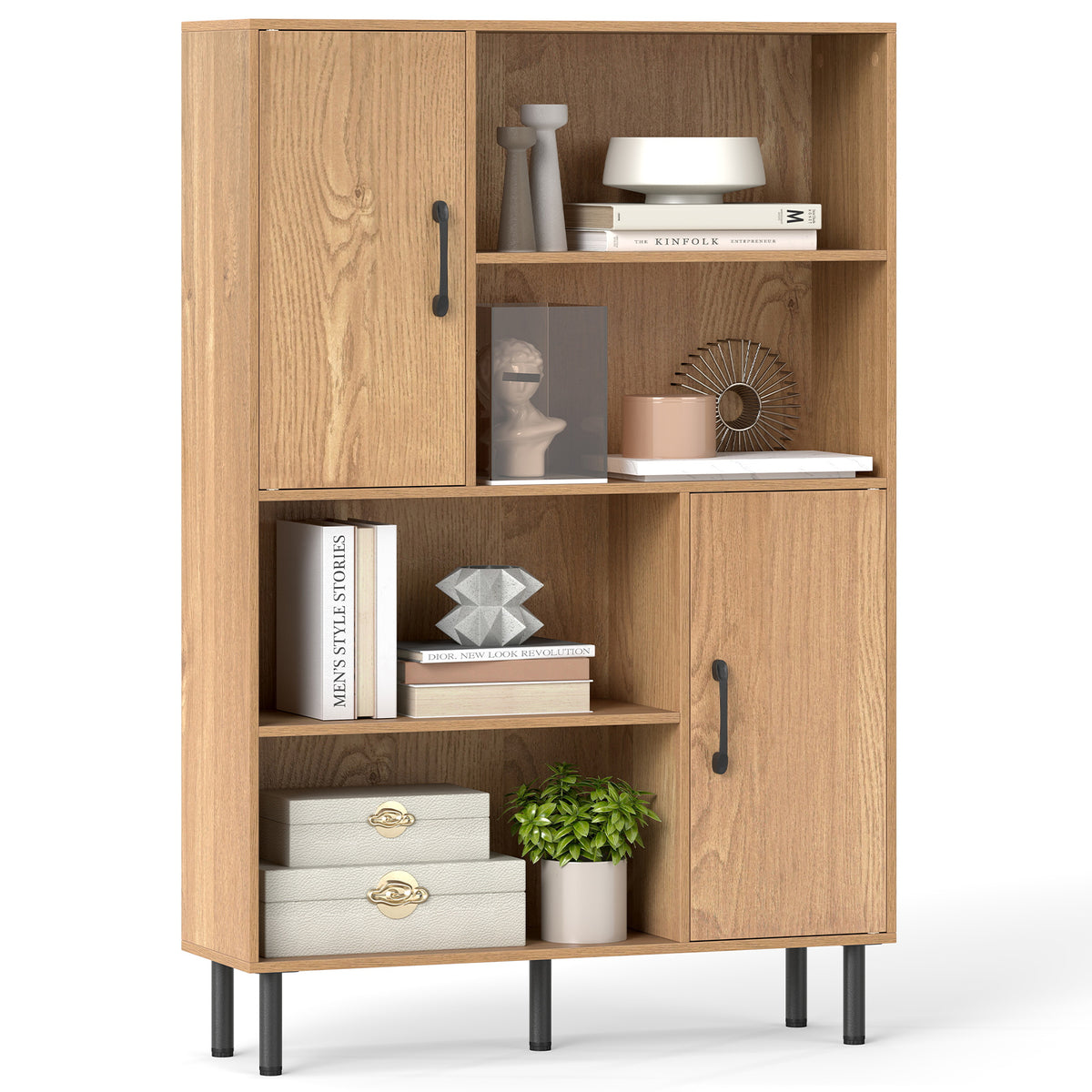 47 Inch Storage Cabinet Freestanding Bookcase with 2 Doors and 4 Open