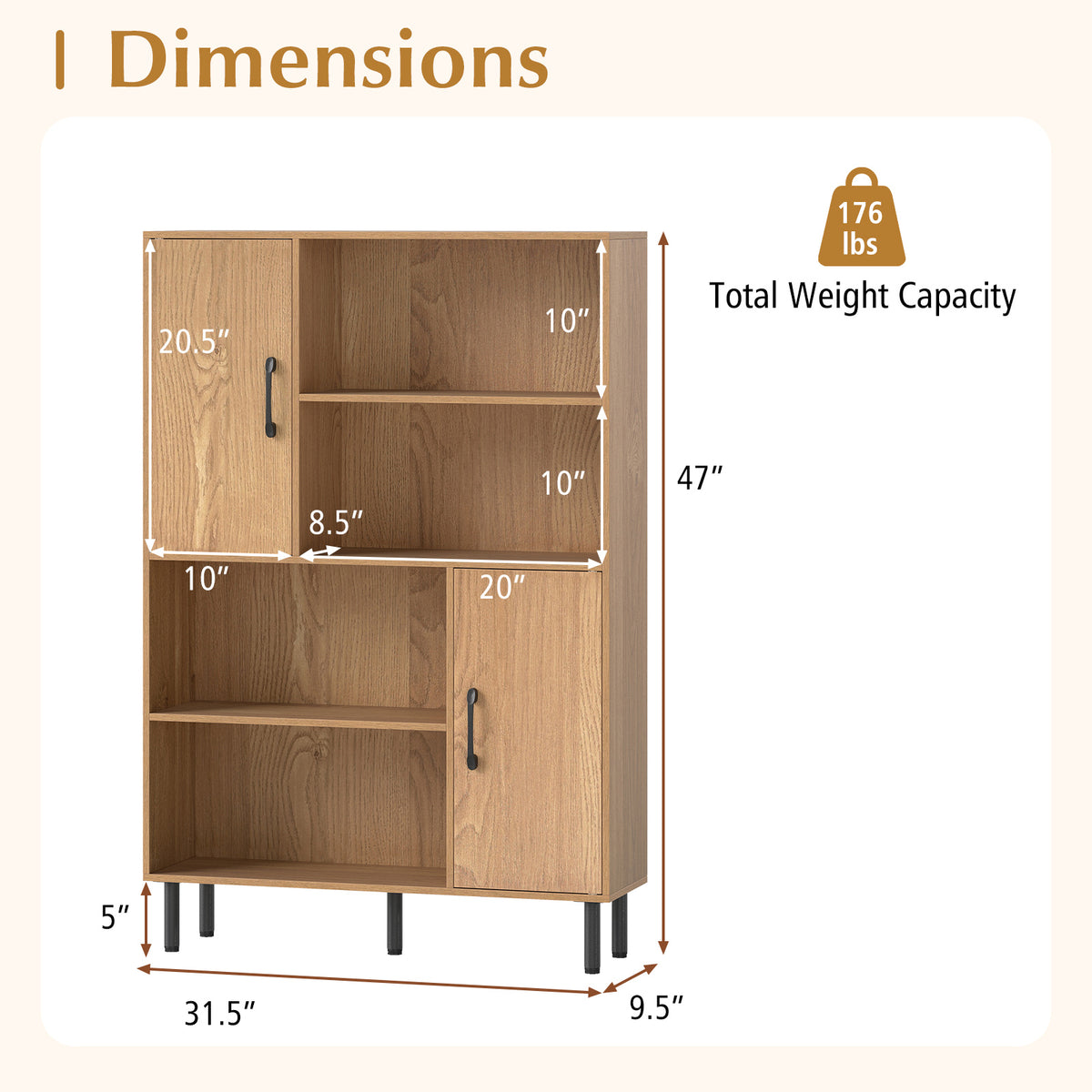47 Inch Storage Cabinet Freestanding Bookcase with 2 Doors and 4 Open