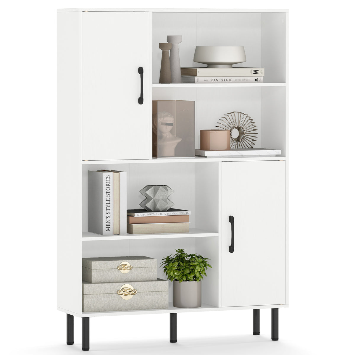 47 Inch Storage Cabinet Freestanding Bookcase with 2 Doors and 4 Open