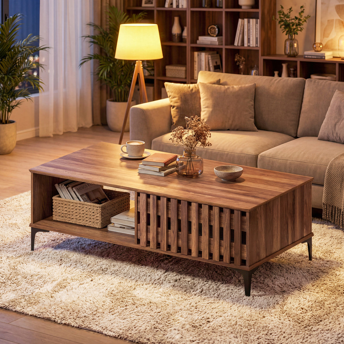 47-Inch Mid Century Coffee Table with Storage - Walnut
