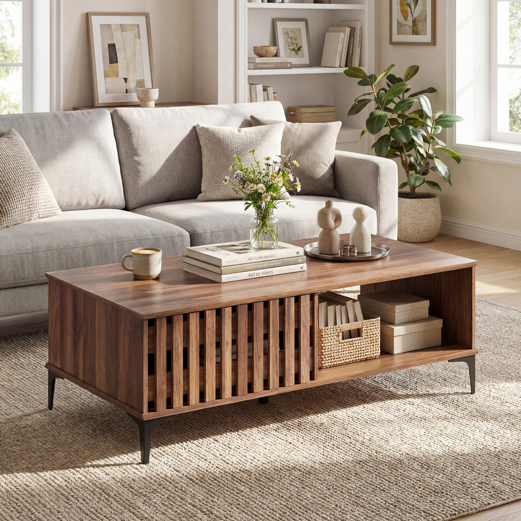 47-Inch Mid Century Coffee Table with Storage - Walnut