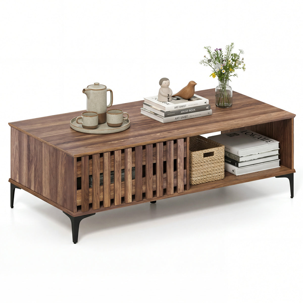 47-Inch Mid Century Coffee Table with Storage - Walnut