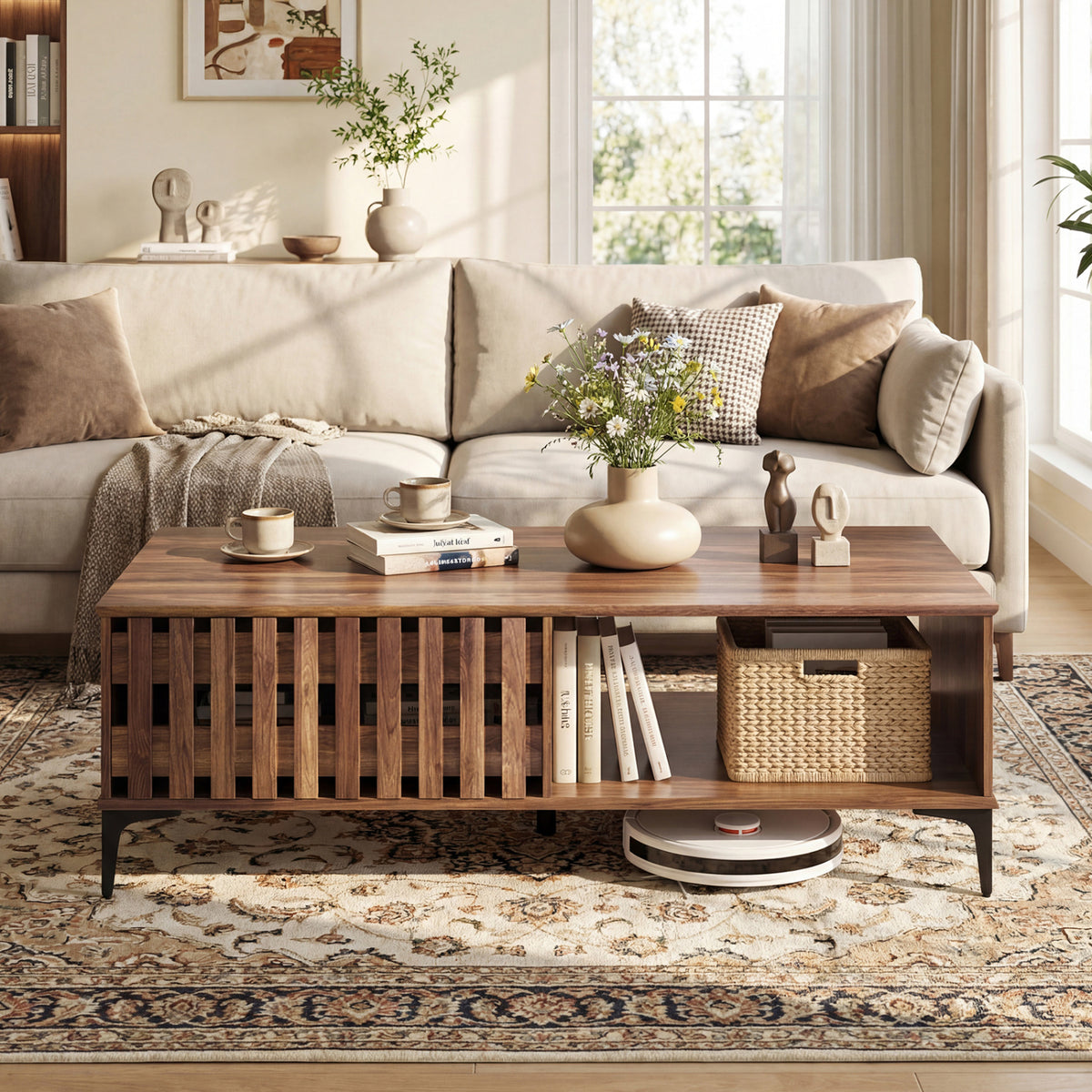 47-Inch Mid Century Coffee Table with Storage - Walnut