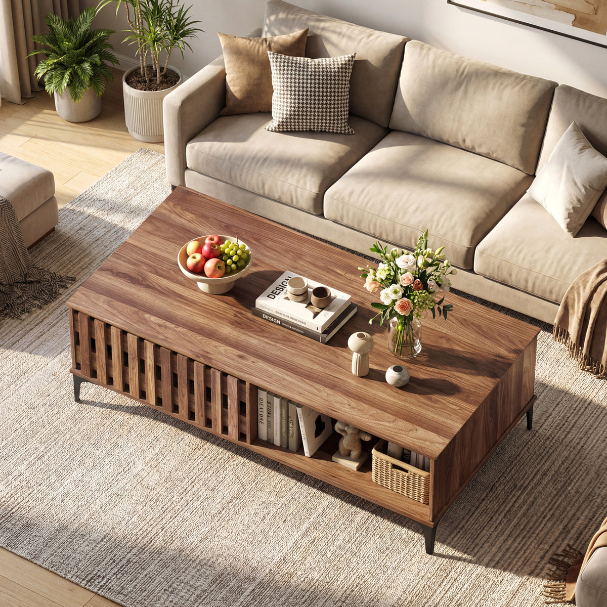 47-Inch Mid Century Coffee Table with Storage - Walnut