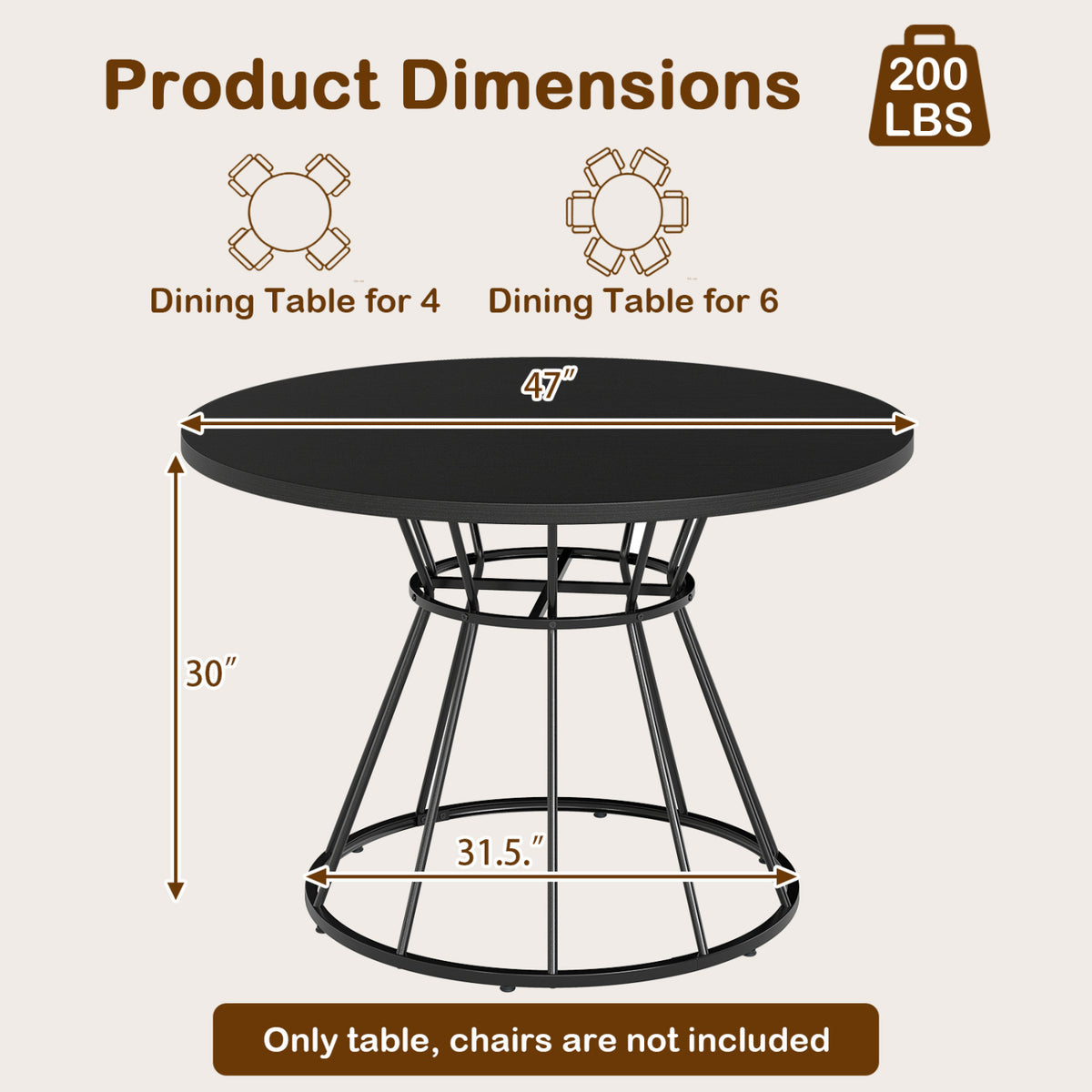 47-Inch Round Dining Table Seats 4 - Black