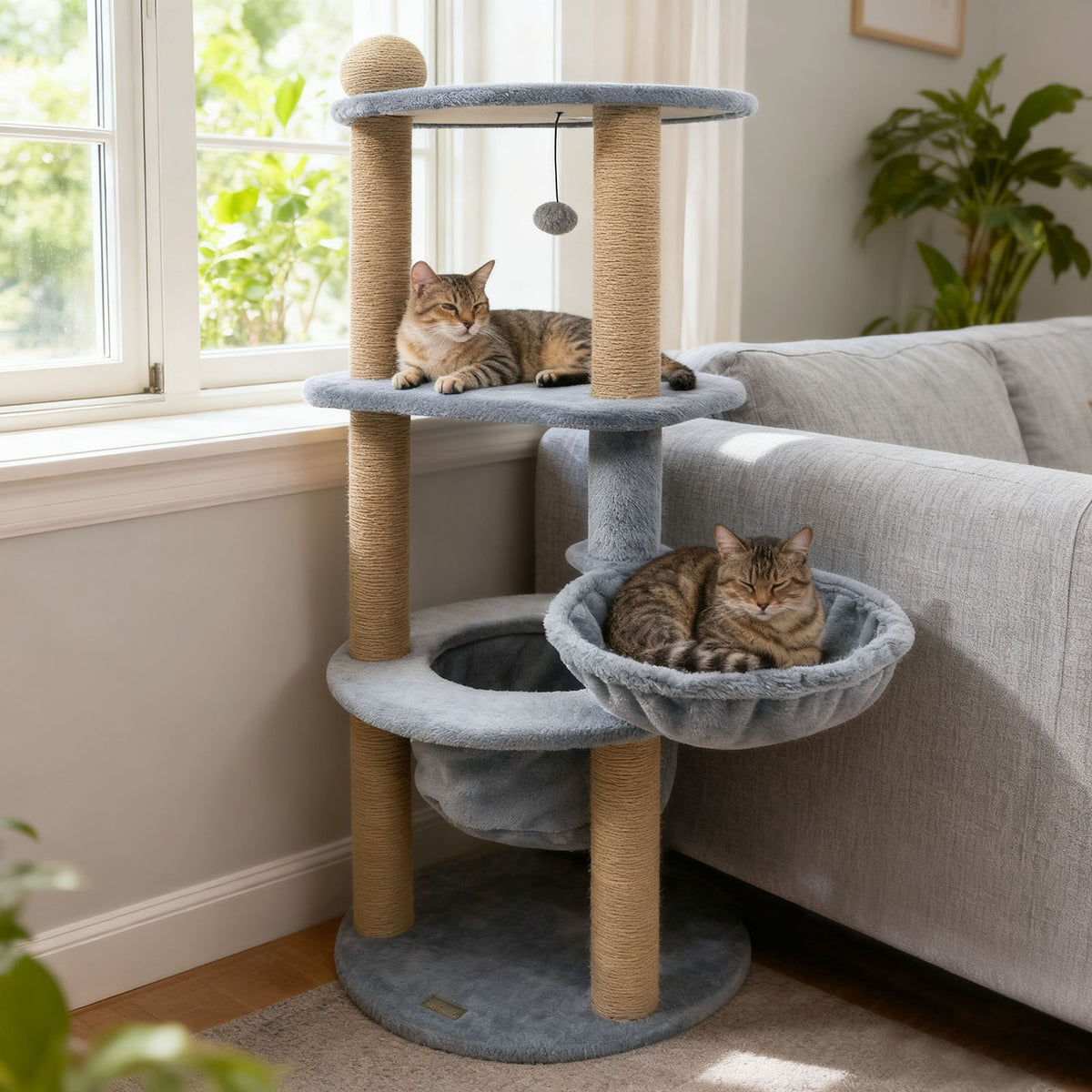 47 Inch Tall Cat Tower with Nest & Scratching Posts - Gray Variation