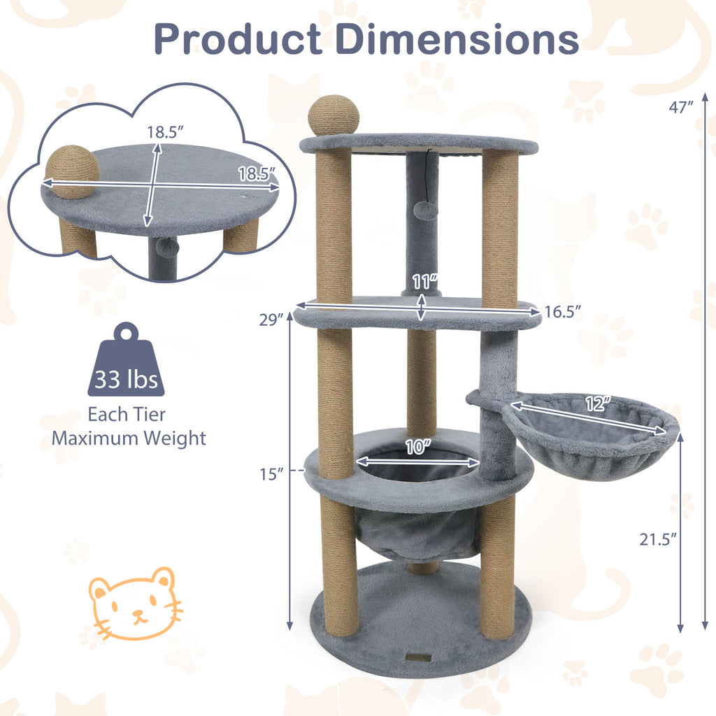 47 Inch Tall Cat Tower with Nest & Scratching Posts - Gray Variation