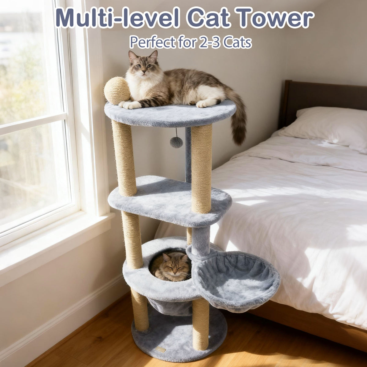 47 Inch Tall Cat Tower with Nest & Scratching Posts - Gray Variation