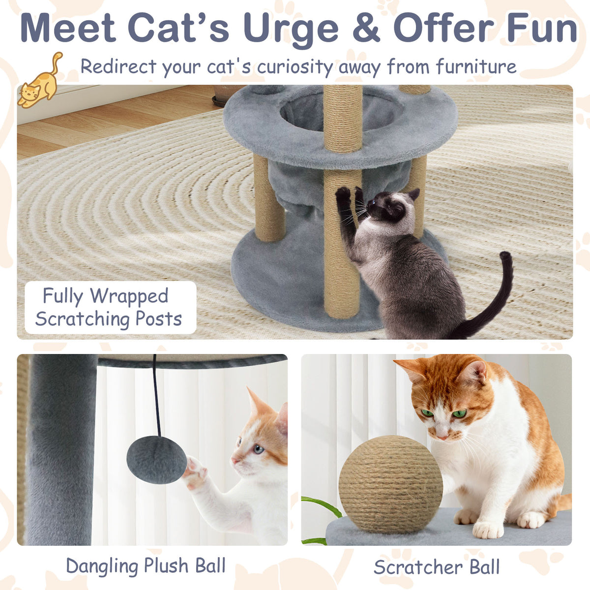 47 Inch Tall Cat Tower with Nest & Scratching Posts - Gray Variation