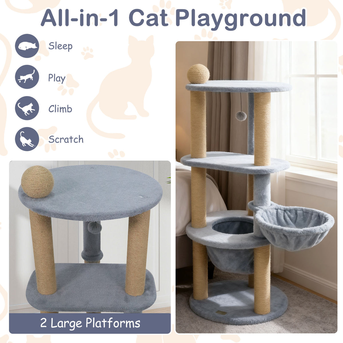 47 Inch Tall Cat Tower with Nest & Scratching Posts - Gray Variation