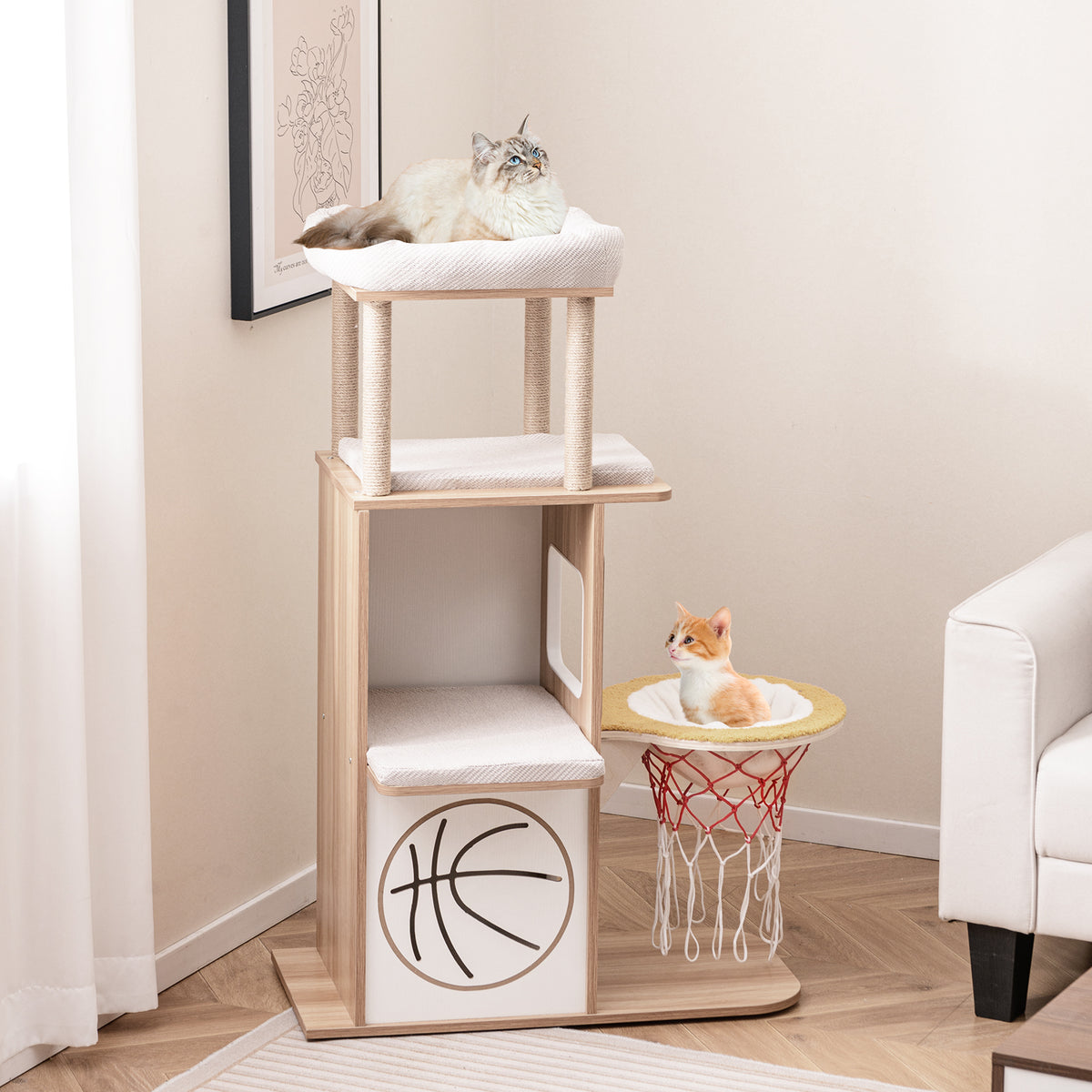 47 Inches Wooden Cat Tree with 2-Story Condo & Basketball Hoop Hammock - Natural