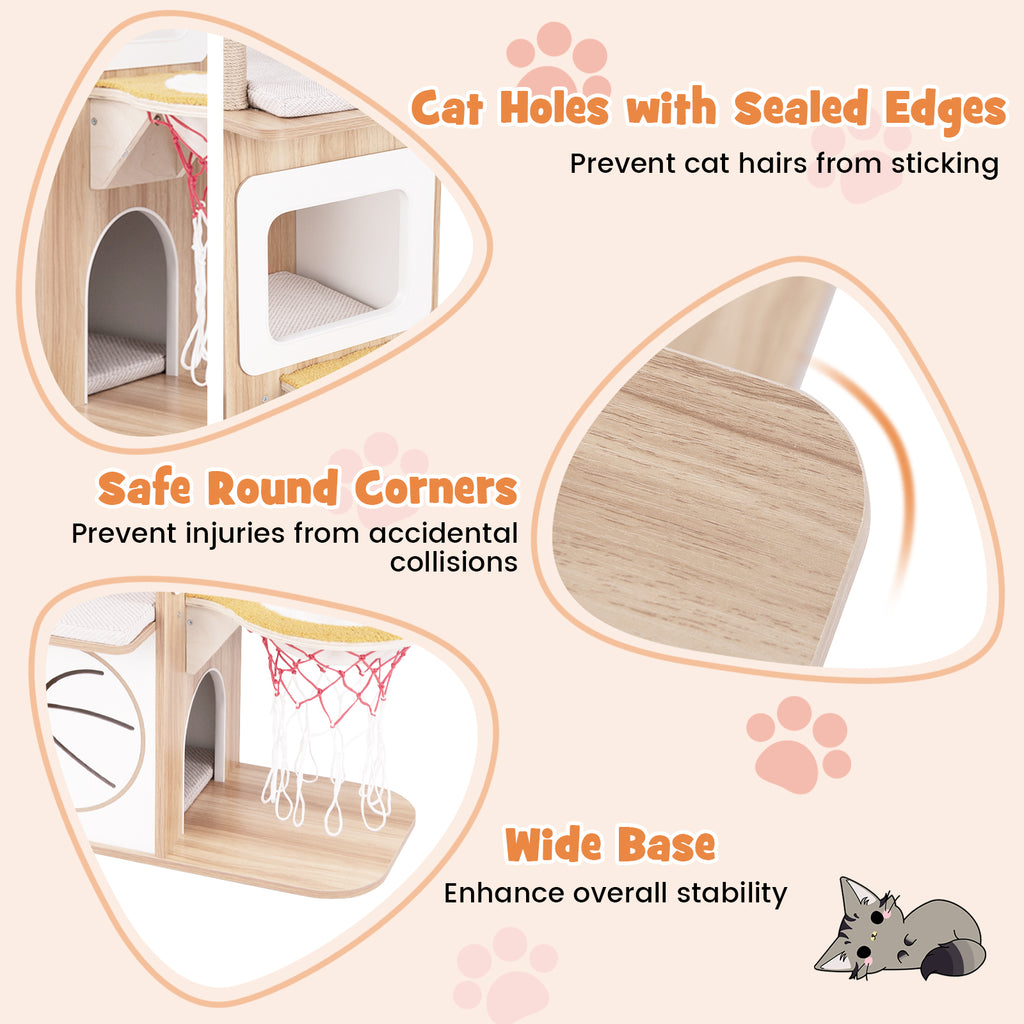 47 Inches Wooden Cat Tree with 2-Story Condo & Basketball Hoop Hammock - Natural