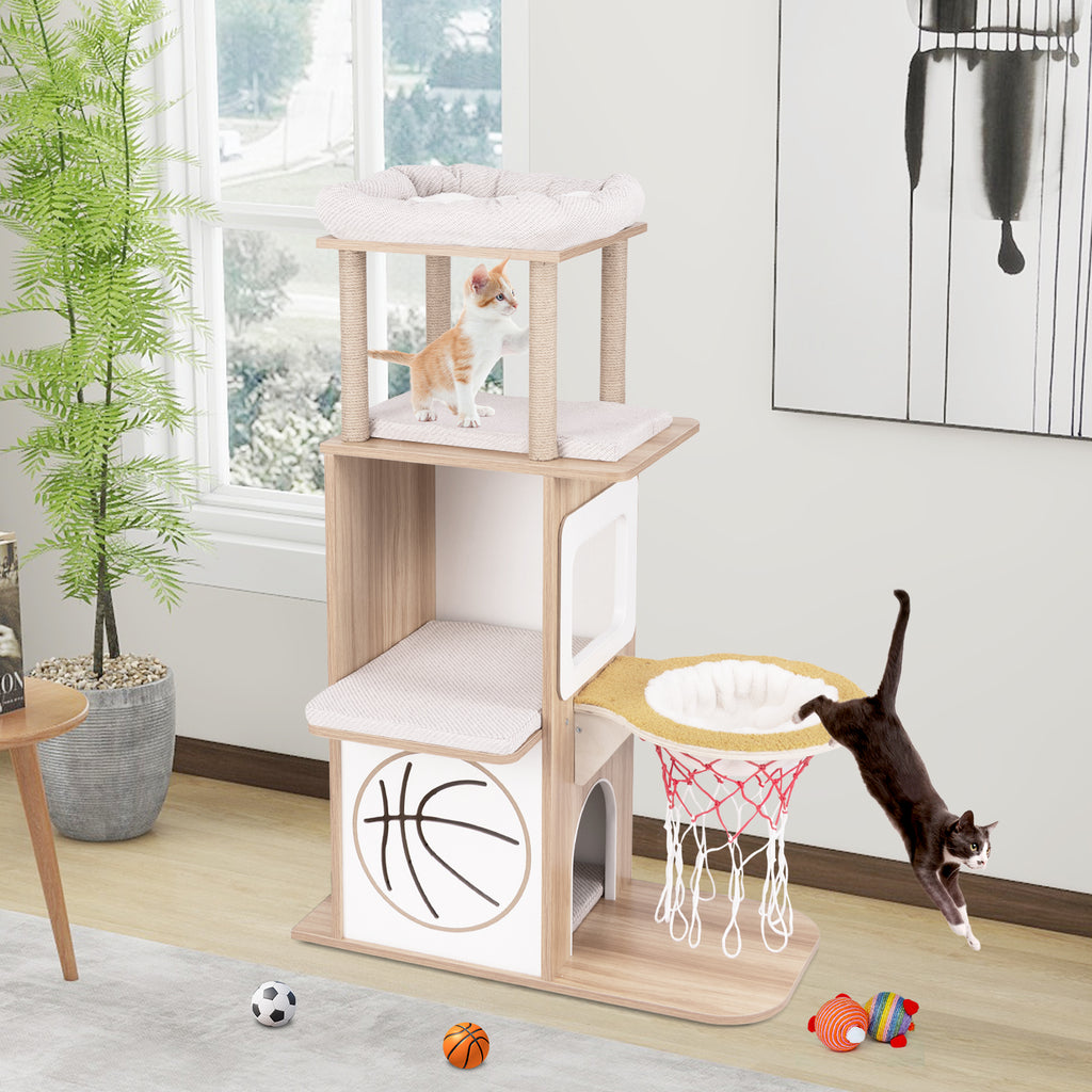 47 Inches Wooden Cat Tree with 2-Story Condo & Basketball Hoop Hammock - Natural