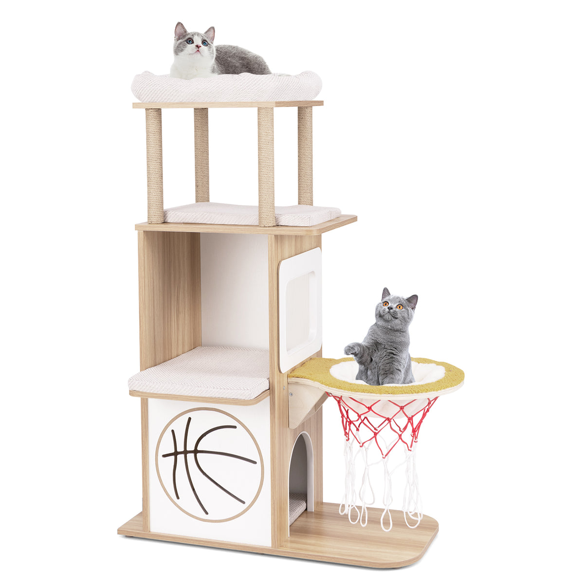 47 Inches Wooden Cat Tree with 2-Story Condo & Basketball Hoop Hammock - Natural