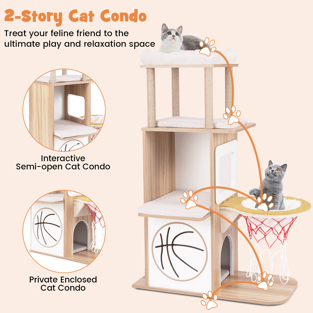 47 Inches Wooden Cat Tree with 2-Story Condo & Basketball Hoop Hammock - Natural