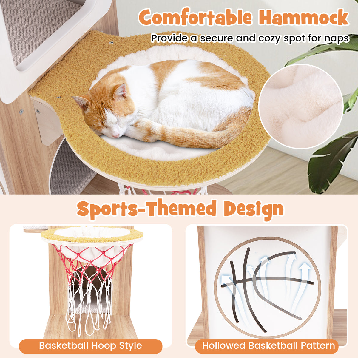 47 Inches Wooden Cat Tree with 2-Story Condo & Basketball Hoop Hammock - Natural