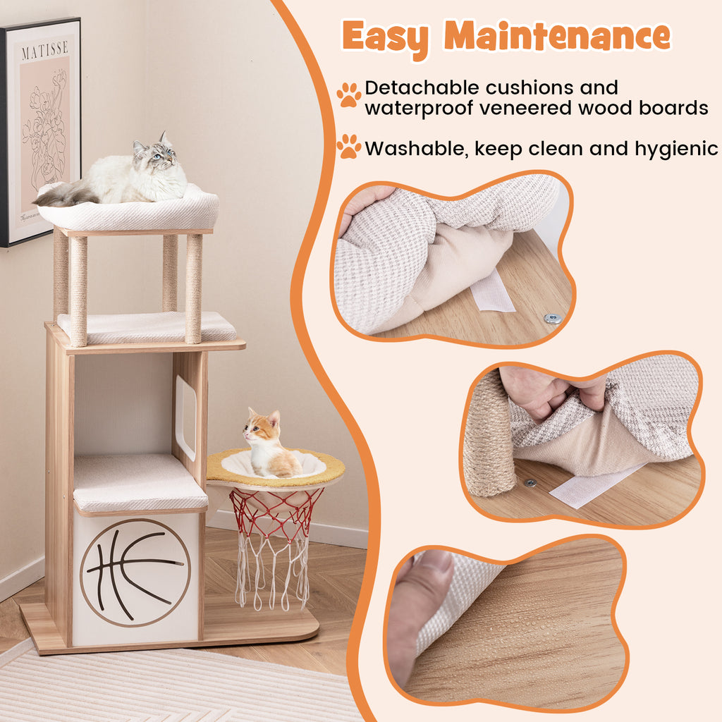 47 Inches Wooden Cat Tree with 2-Story Condo & Basketball Hoop Hammock - Natural