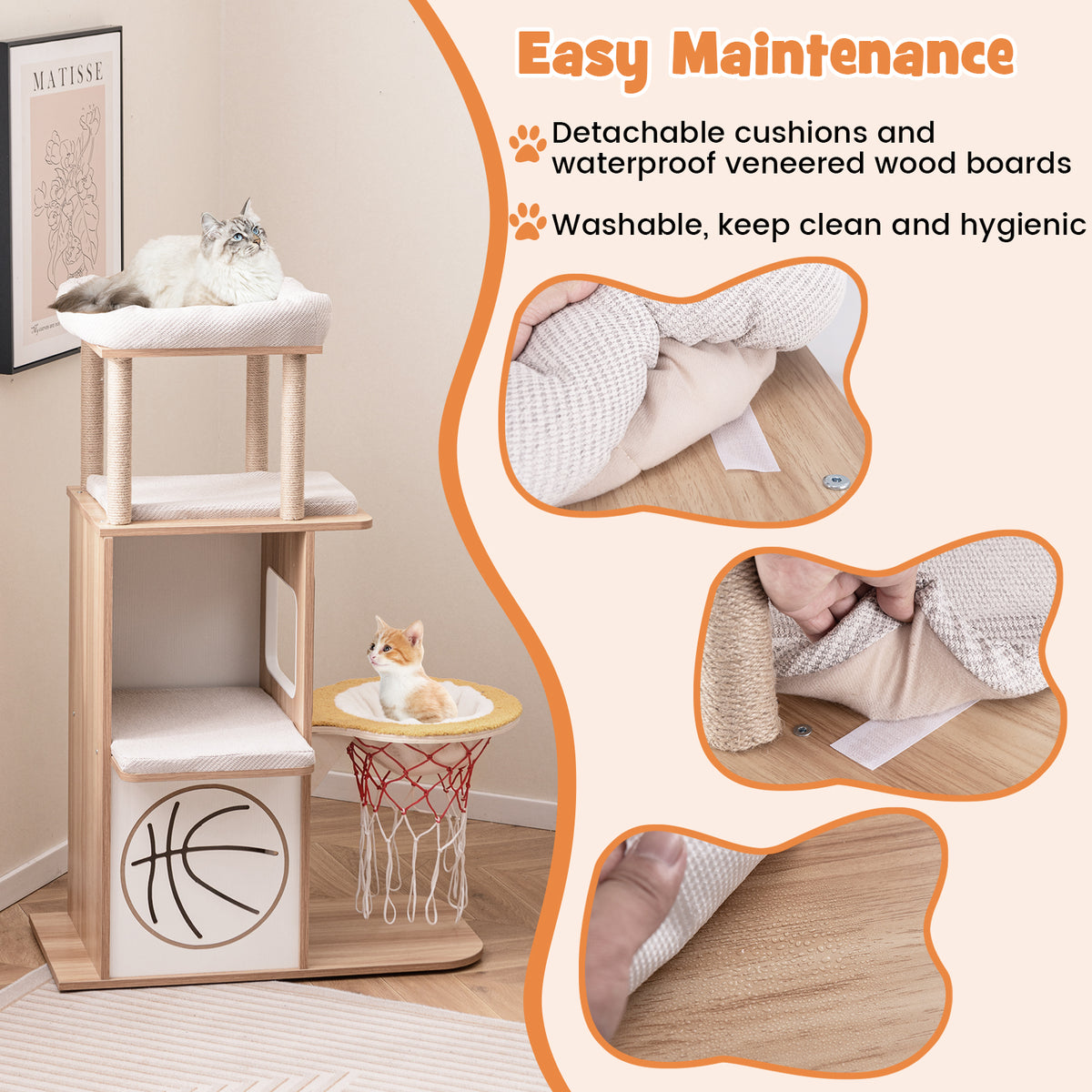 47 Inches Wooden Cat Tree with 2-Story Condo & Basketball Hoop Hammock - Natural