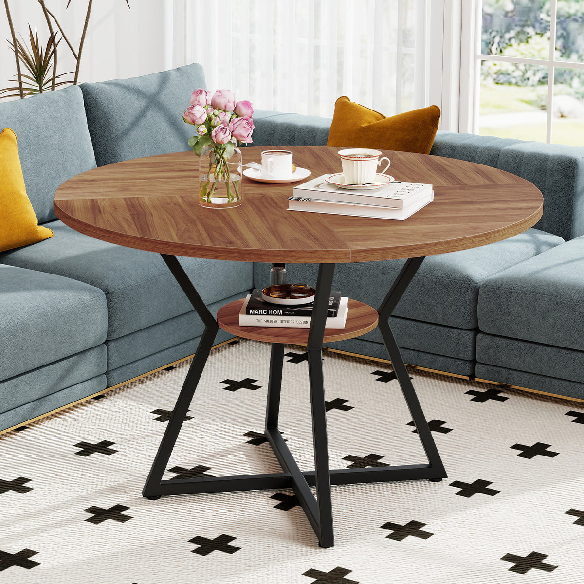 47" Round Dining Table with Storage Shelf - Brown