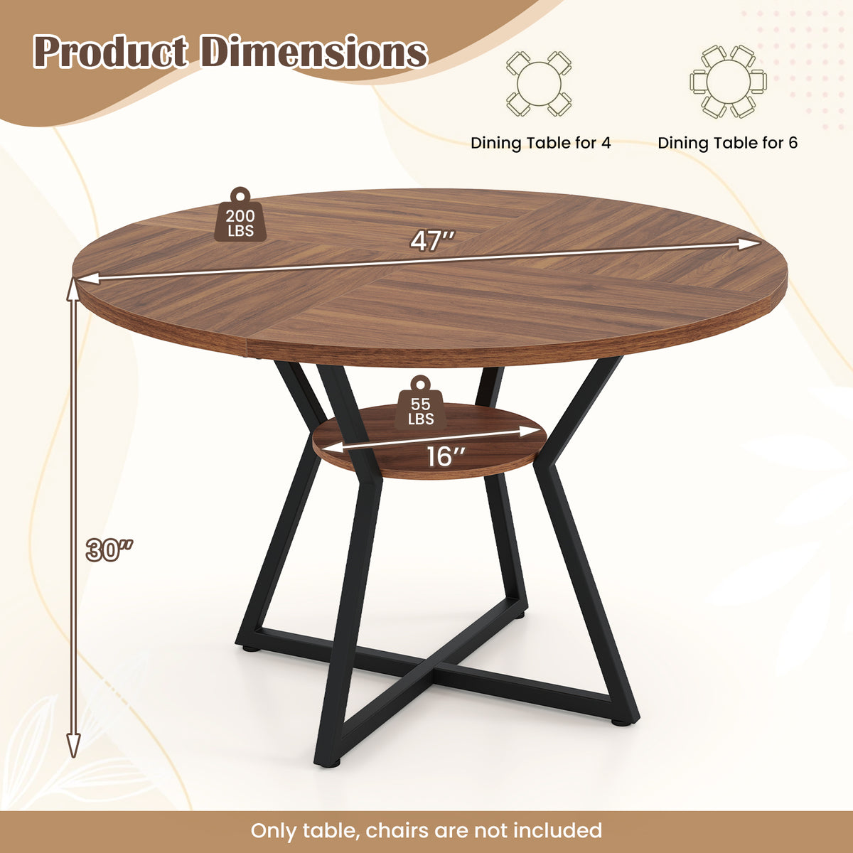 47" Round Dining Table with Storage Shelf - Brown