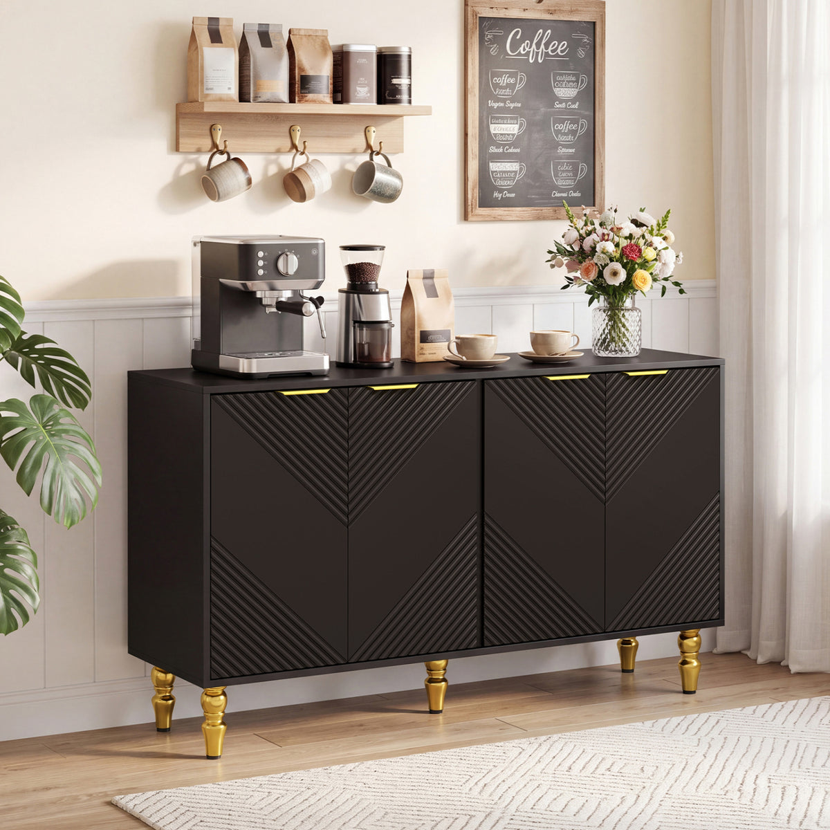 47" Sideboard Buffet Cabinet with Chevron Fluted Doors - Black