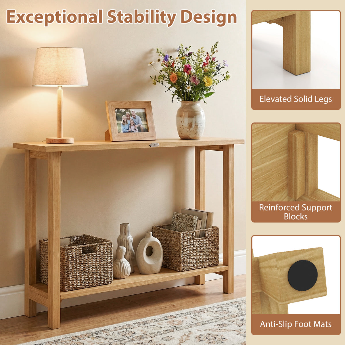 47 Inch Solid Wood Console Table with Storage Shelf