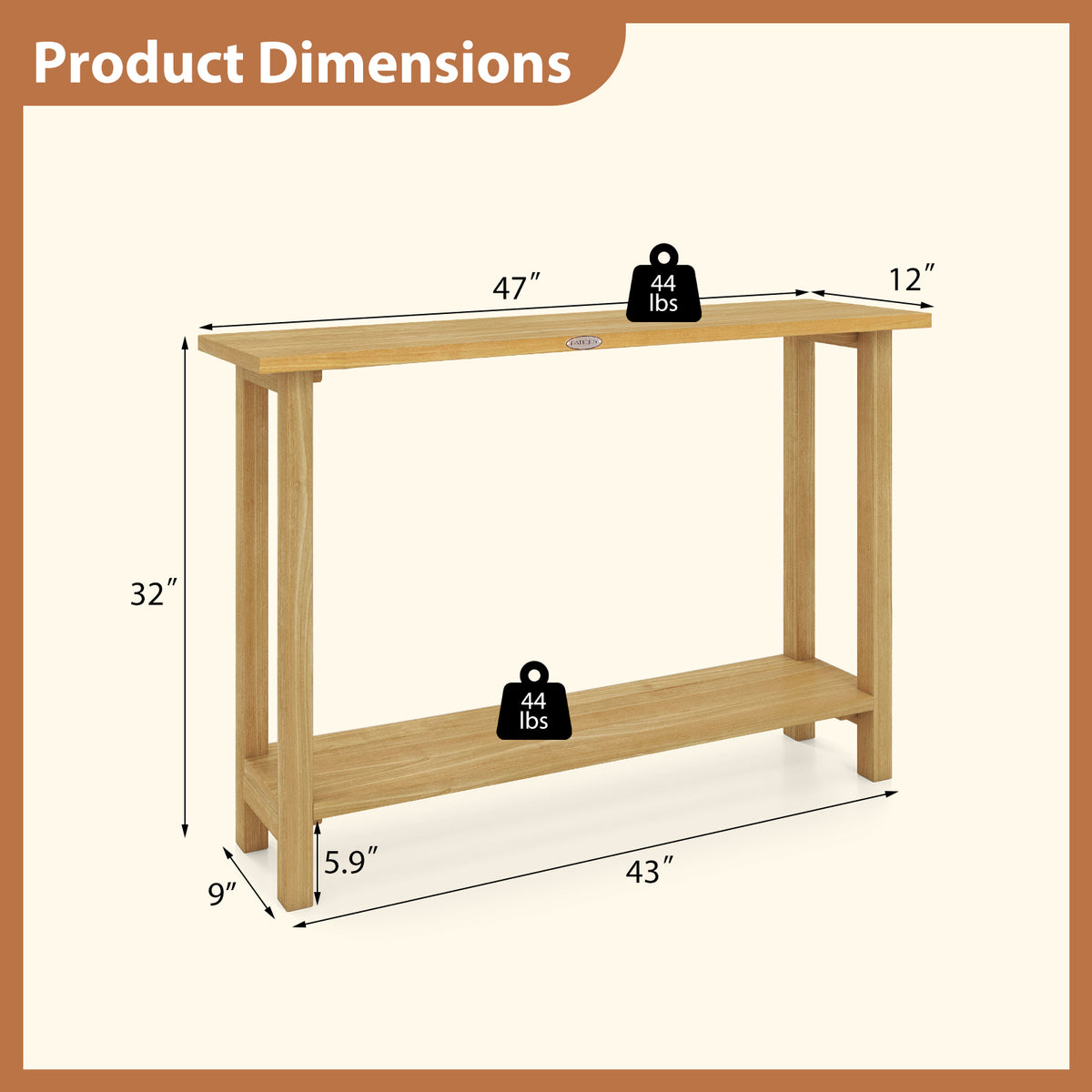 47 Inch Solid Wood Console Table with Storage Shelf