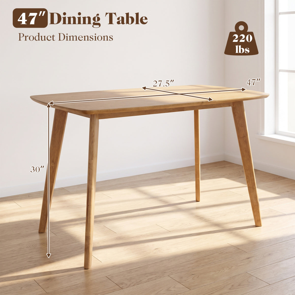 47 Inch Solid Wood Dining Table for 4 People, Natural