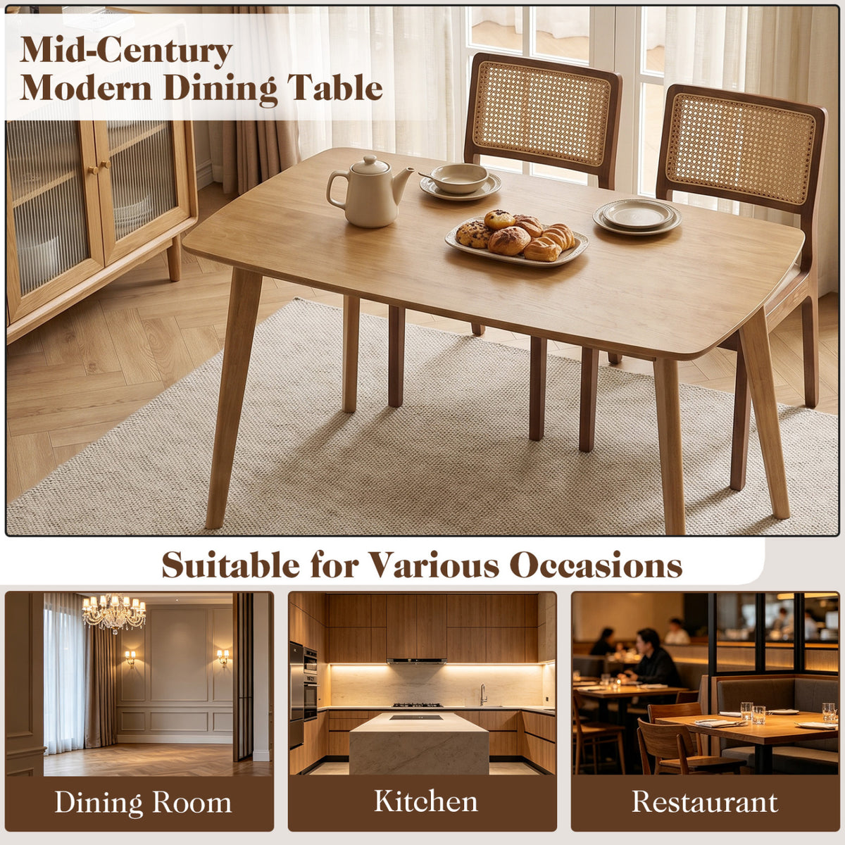 47 Inch Solid Wood Dining Table for 4 People, Natural
