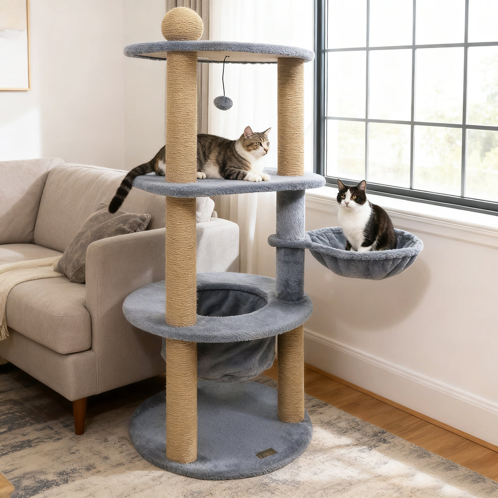47 Inch Tall Cat Tower with Nest & Scratching Posts - Gray Variation