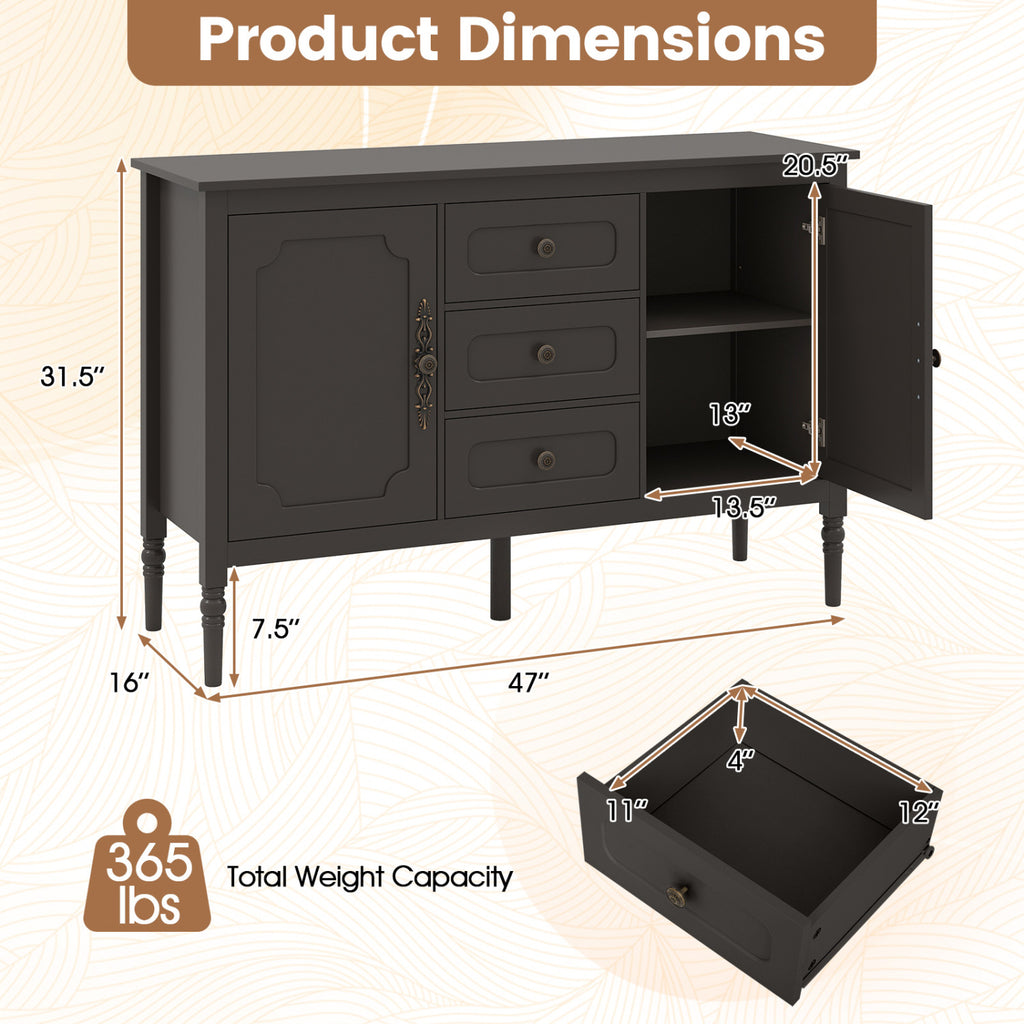47" Vintage Buffet Cabinet with Drawers & Storage - Brown