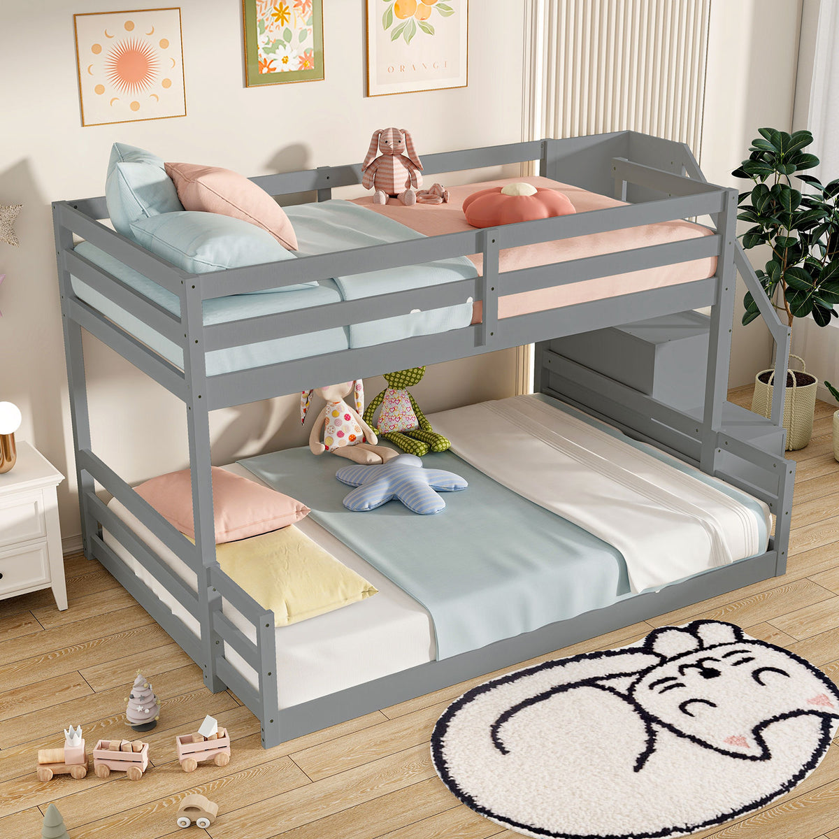 Twin Over Full Bunk Bed with Storage Stairs - Gray