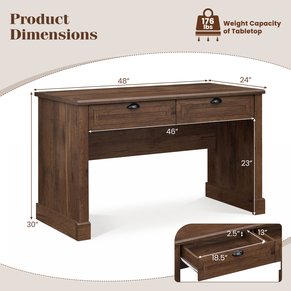 48" Farmhouse Desk with 2 Drawers - Brown