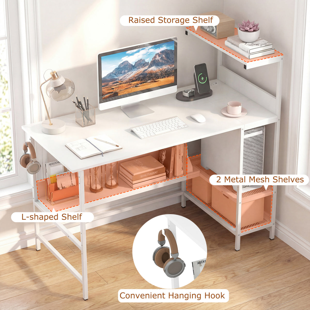 48 Inch Computer Desk with Power Outlets & Storage - White