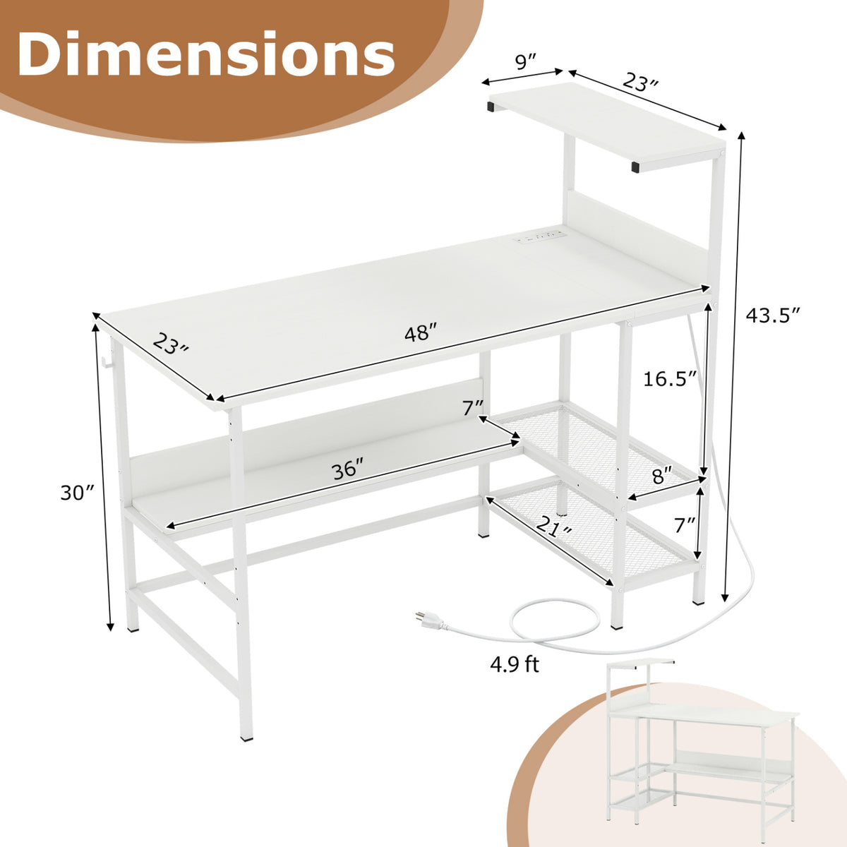 48 Inch Computer Desk with Power Outlets & Storage - White
