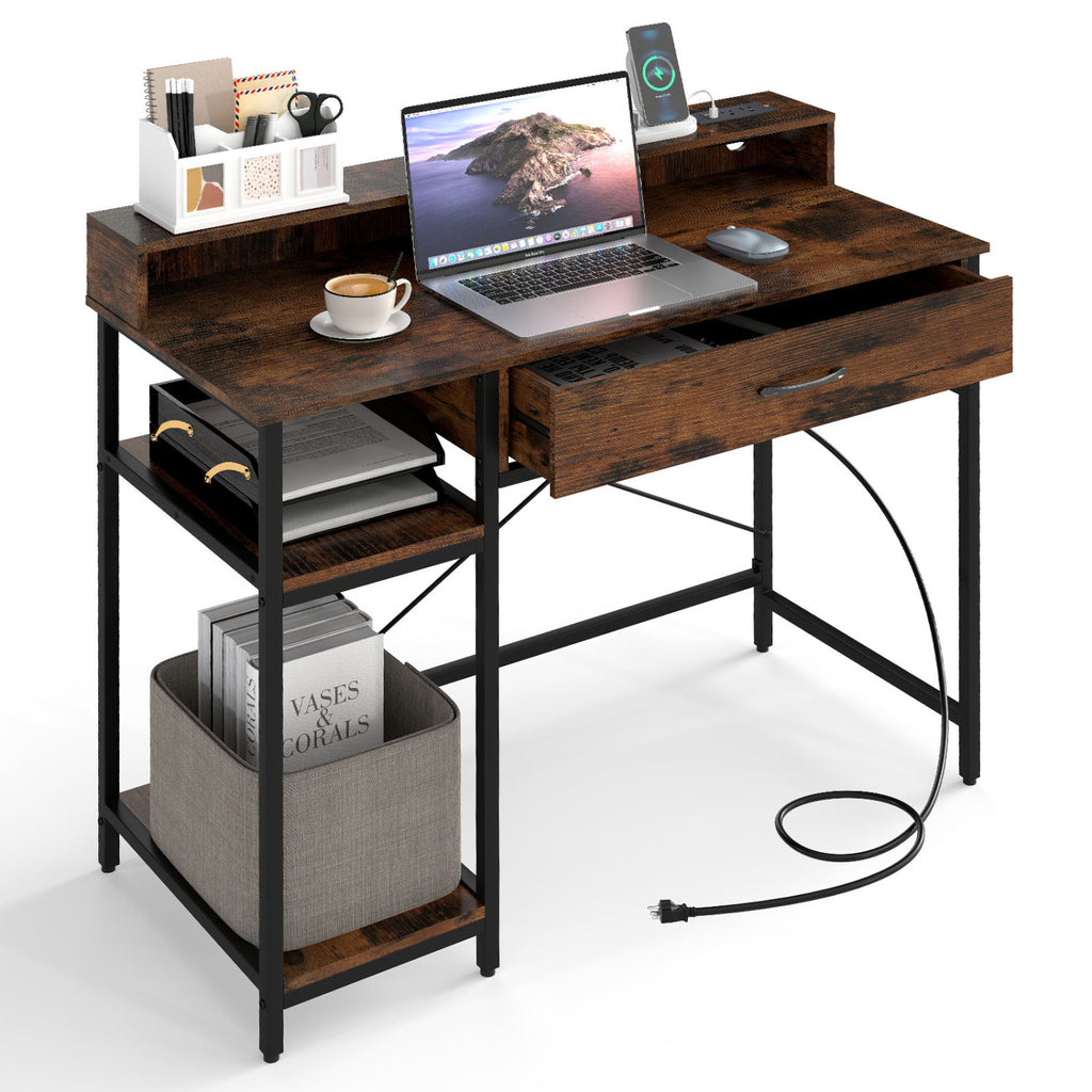 Computer Desk with Power Outlets 42in - Rustic Brown