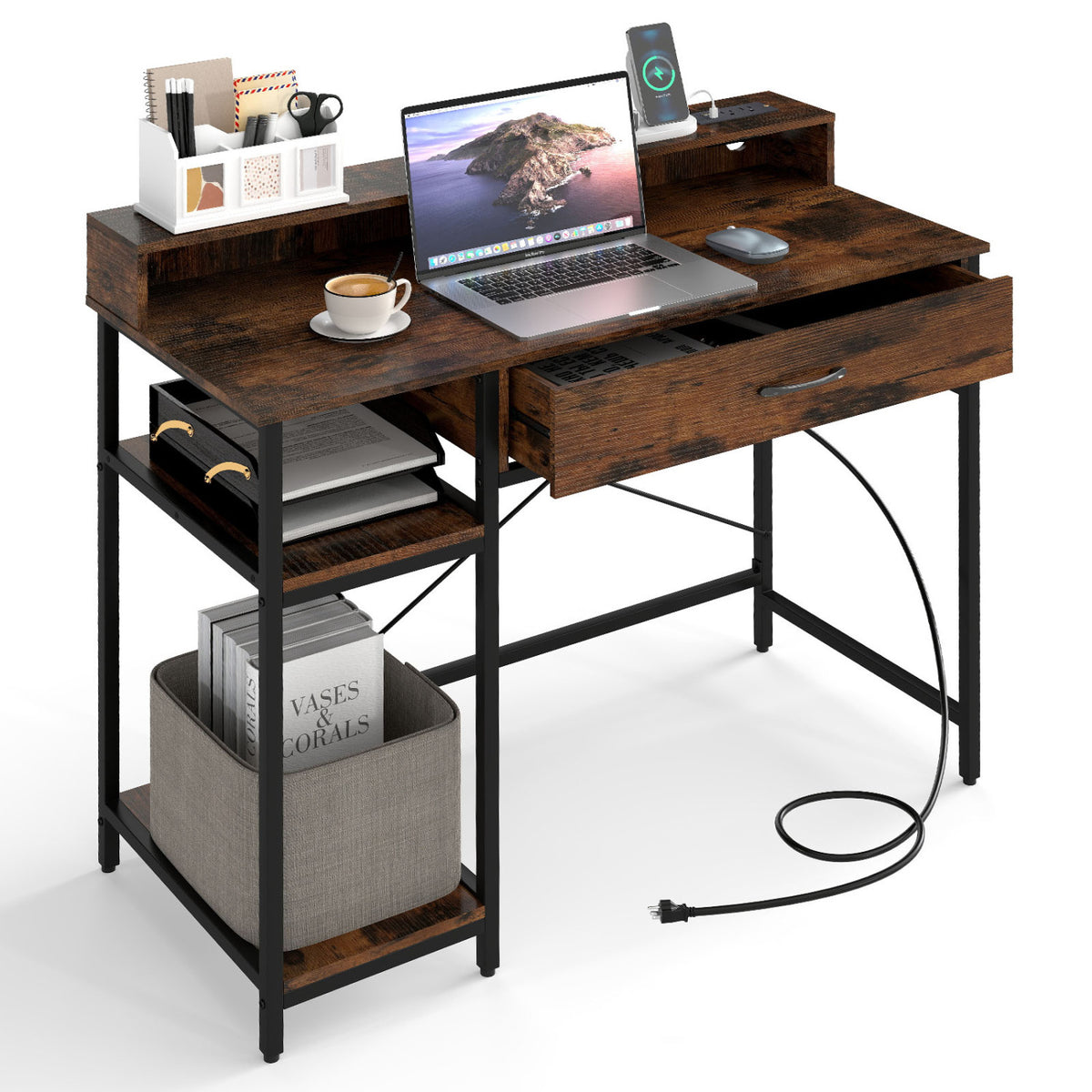 Computer Desk with Power Outlets 42in - Rustic Brown