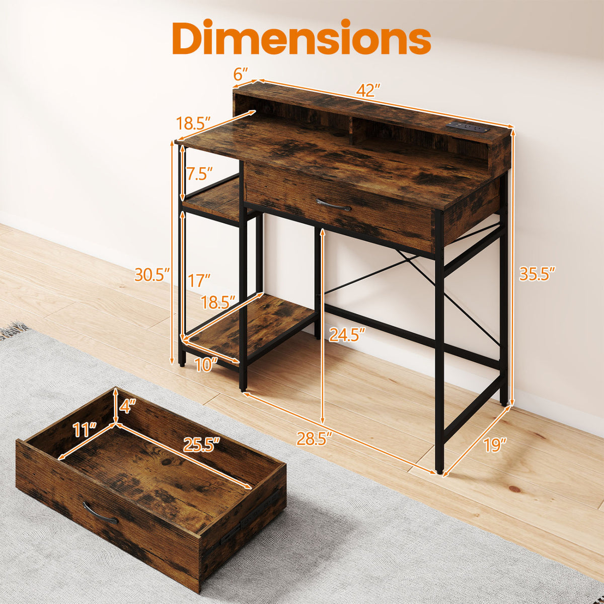 Computer Desk with Power Outlets 42in - Rustic Brown
