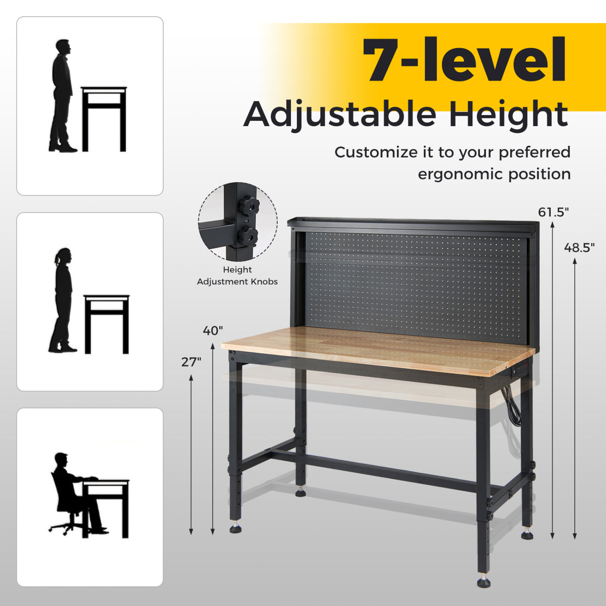 48 Inch Heavy Duty Workbench with AC/USB Outlets and Pegboard
