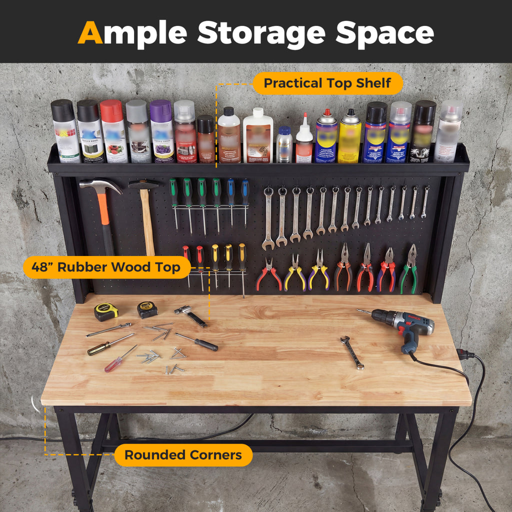 48 Inch Heavy Duty Workbench with AC/USB Outlets and Pegboard