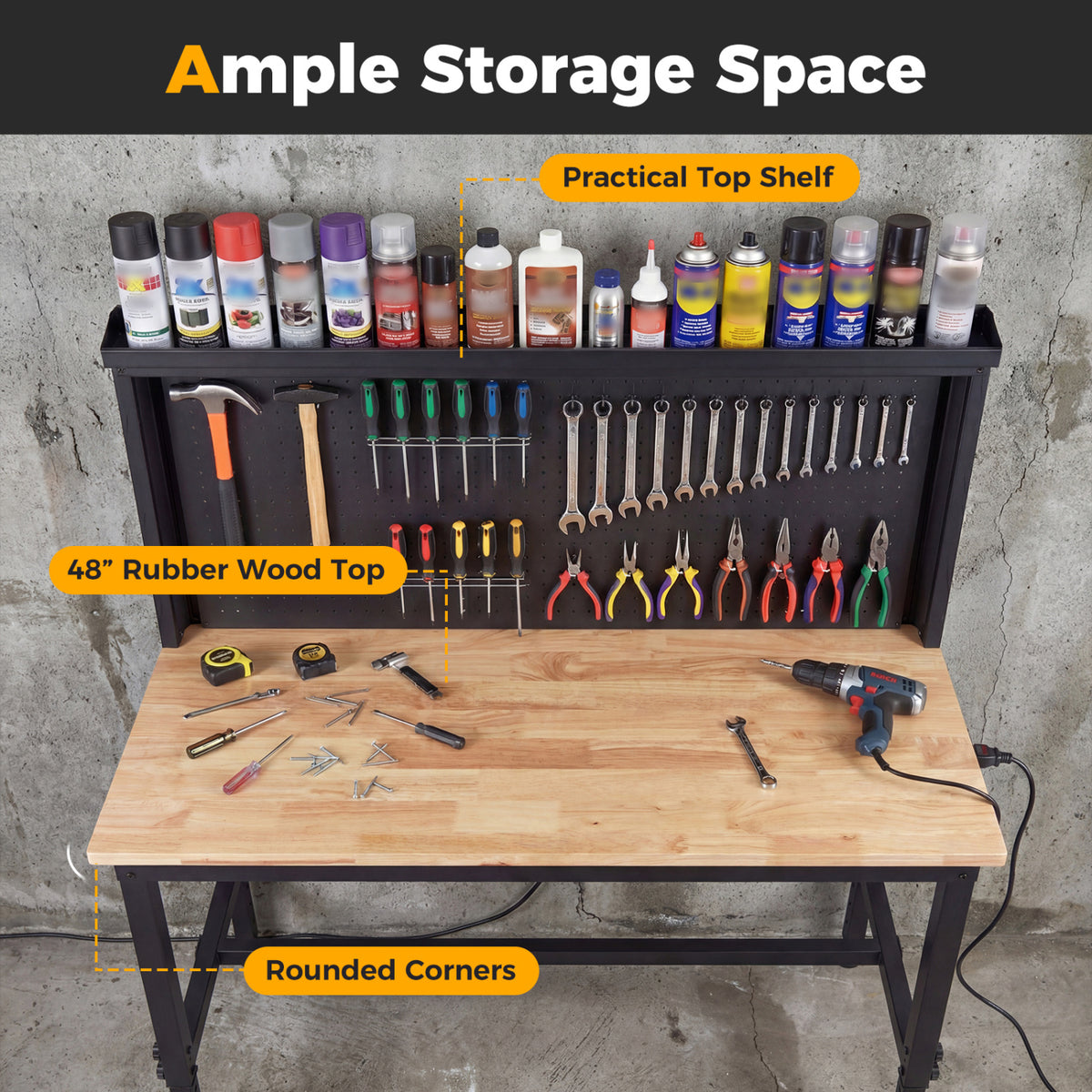 48 Inch Heavy Duty Workbench with AC/USB Outlets and Pegboard