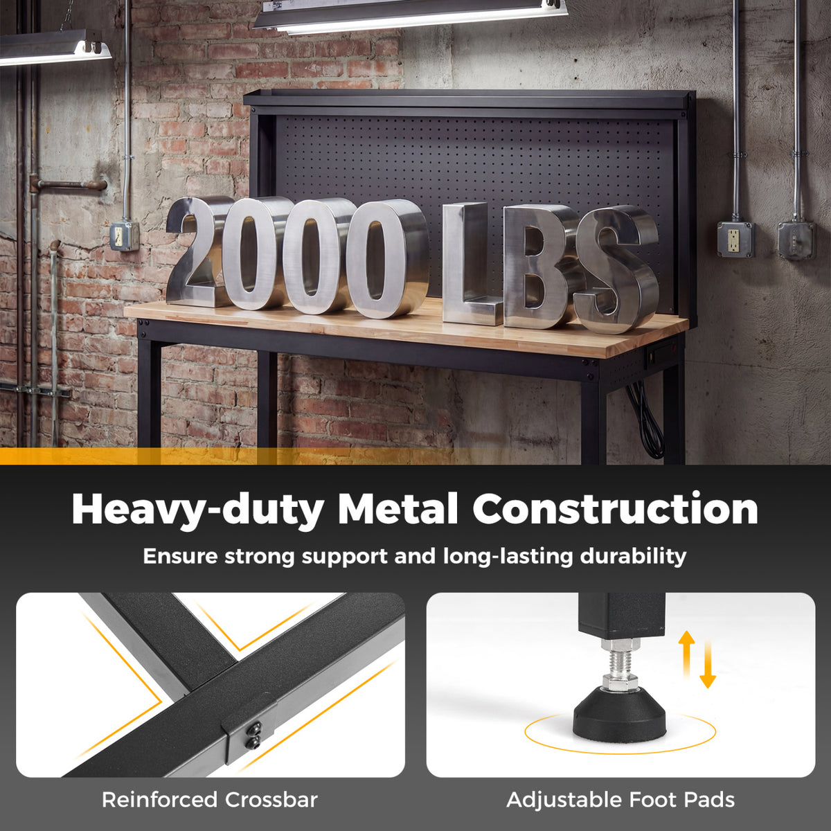 48 Inch Heavy Duty Workbench with AC/USB Outlets and Pegboard