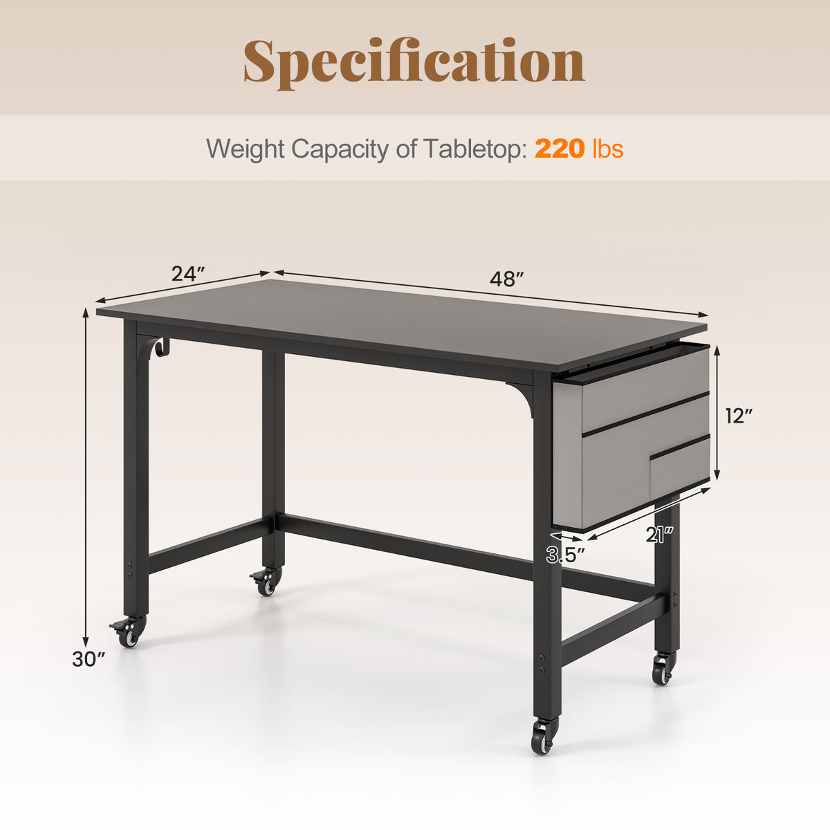 48 Inch Mobile Computer Workstation with Casters - Black