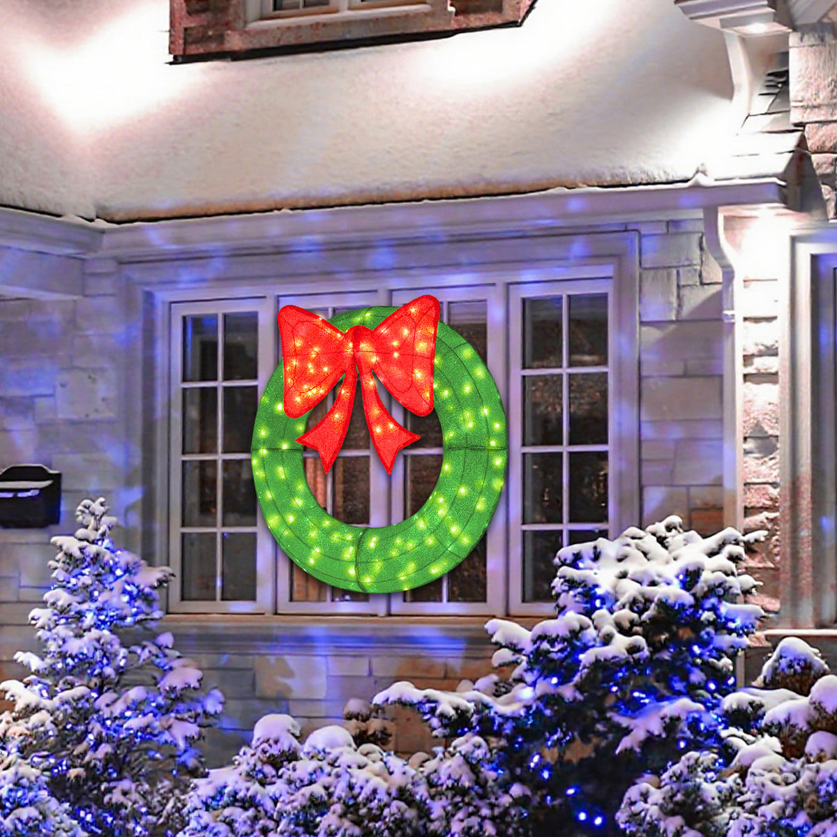 48 Inch Pre-Lit Christmas Mesh Wreath with Bow & 200 LED Bulbs - Green