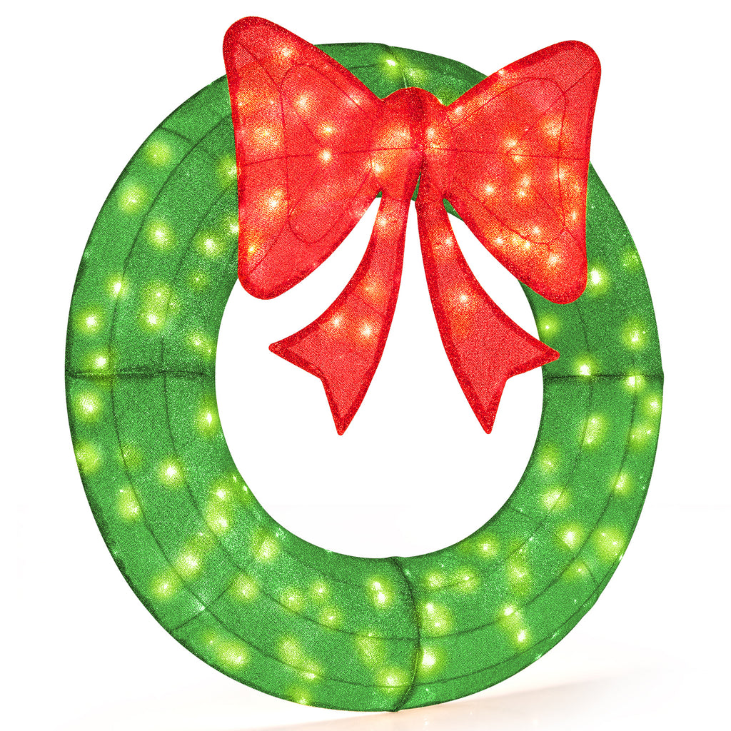 48 Inch Pre-Lit Christmas Mesh Wreath with Bow & 200 LED Bulbs - Green