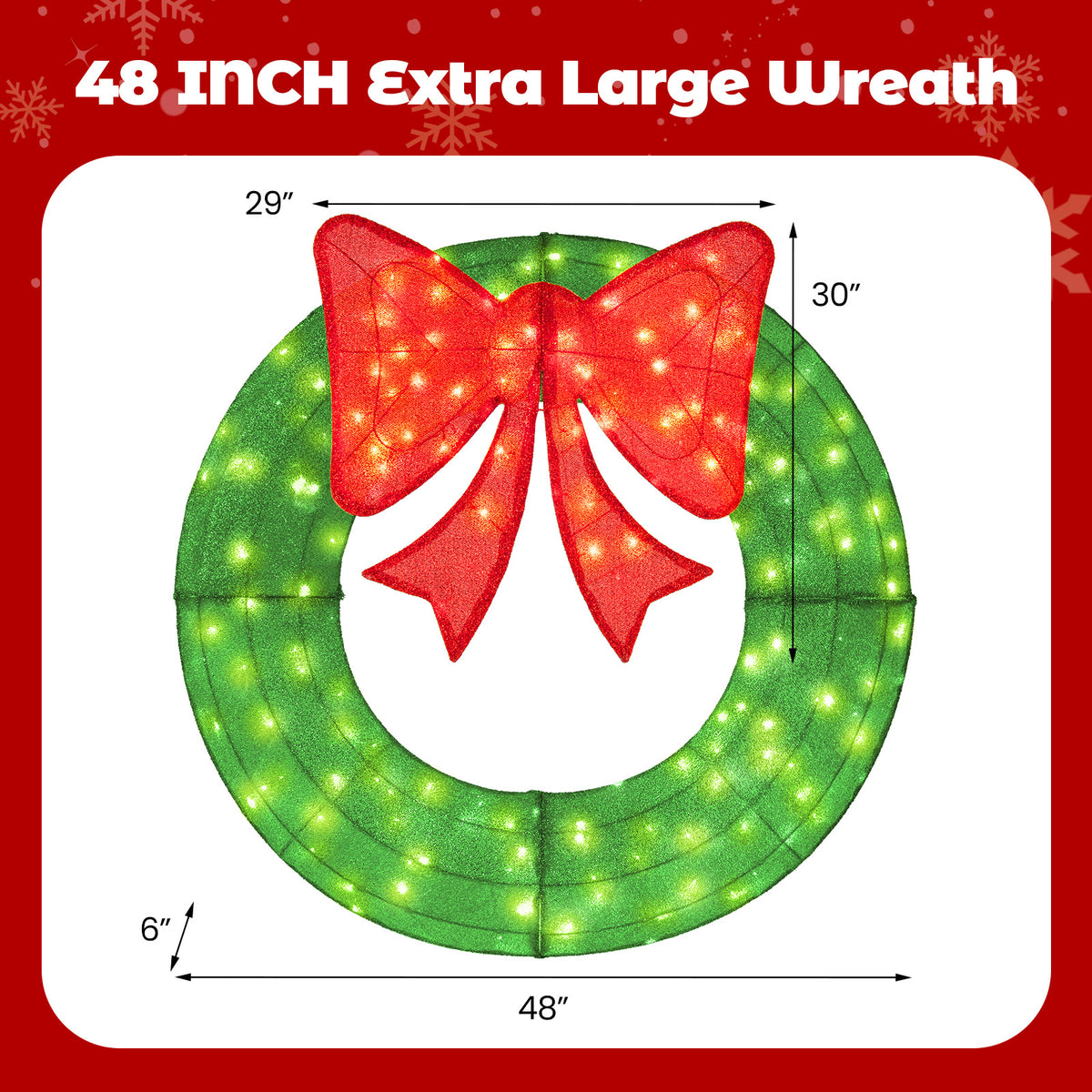 48 Inch Pre-Lit Christmas Mesh Wreath with Bow & 200 LED Bulbs - Green