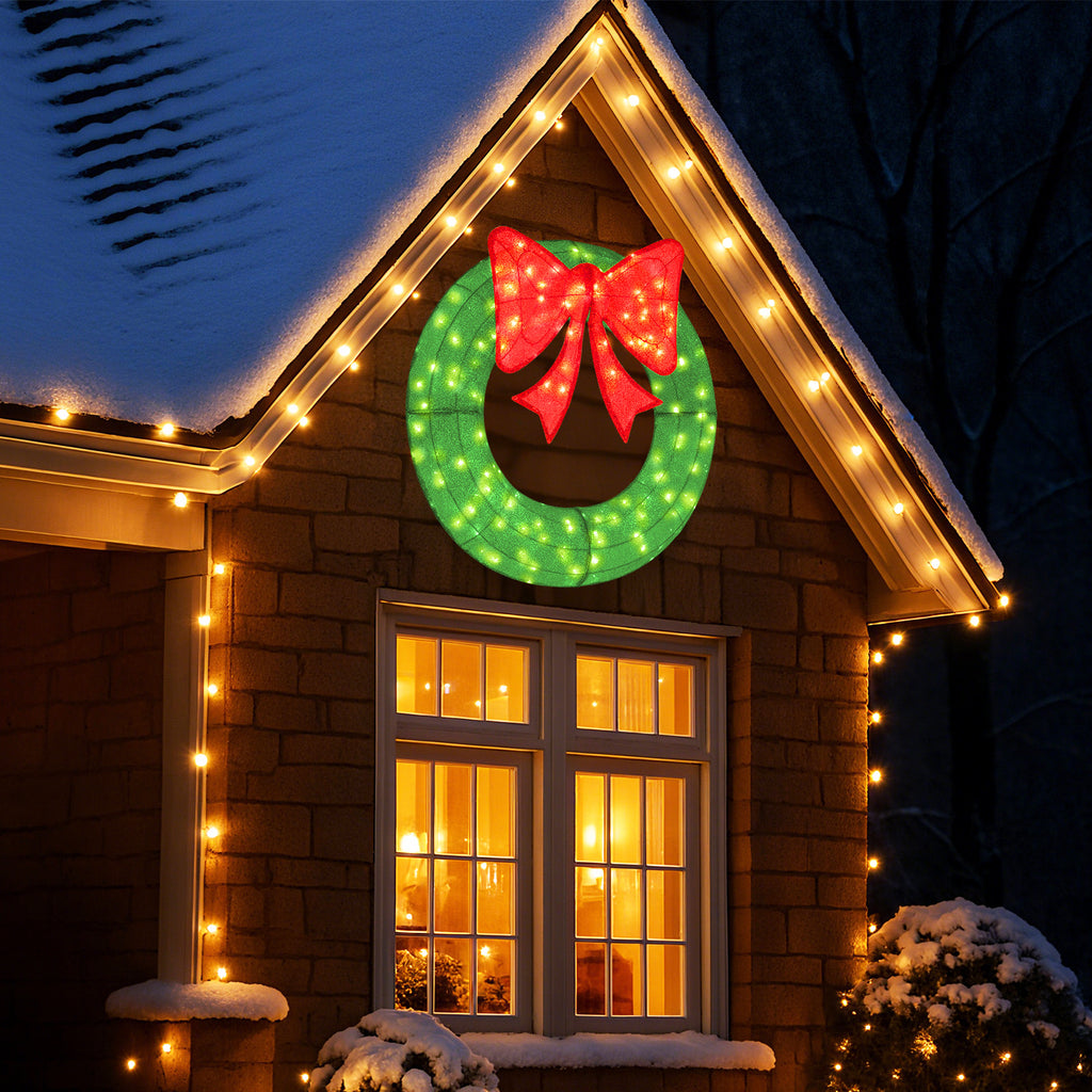 48 Inch Pre-Lit Christmas Mesh Wreath with Bow & 200 LED Bulbs - Green