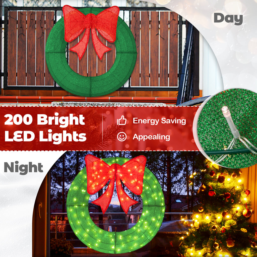 48 Inch Pre-Lit Christmas Mesh Wreath with Bow & 200 LED Bulbs - Green