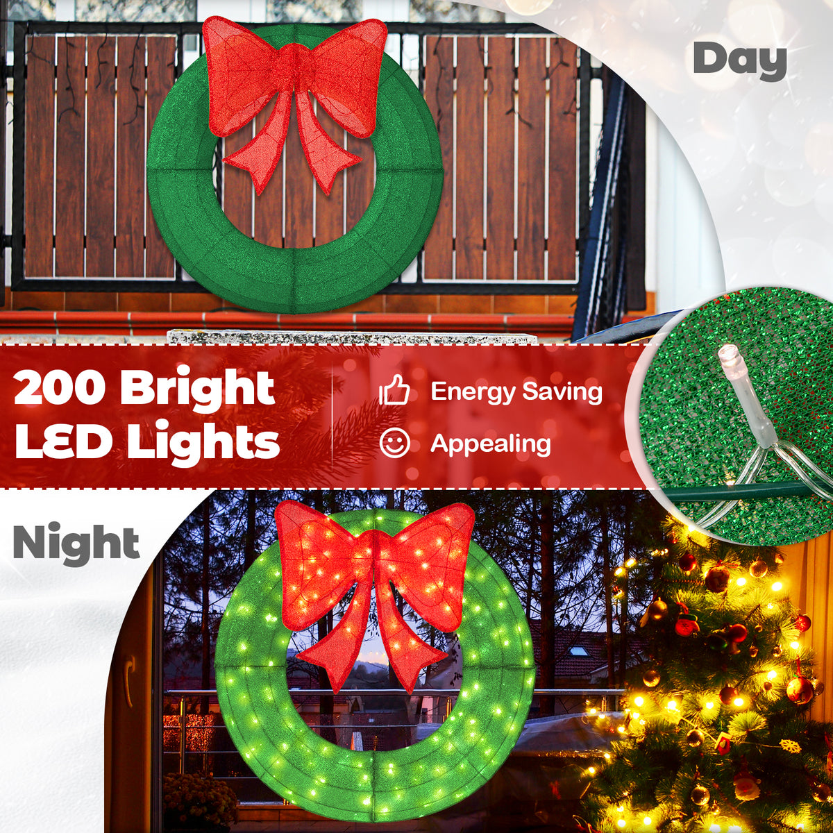 48 Inch Pre-Lit Christmas Mesh Wreath with Bow & 200 LED Bulbs - Green